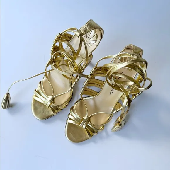 Vintage Hollywould Y2K Gold Leather Wrap High Heel Sandals 7.5 Made in Italy