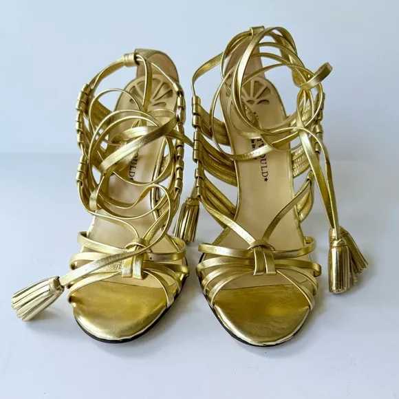 Vintage Hollywould Y2K Gold Leather Wrap High Heel Sandals 7.5 Made in Italy