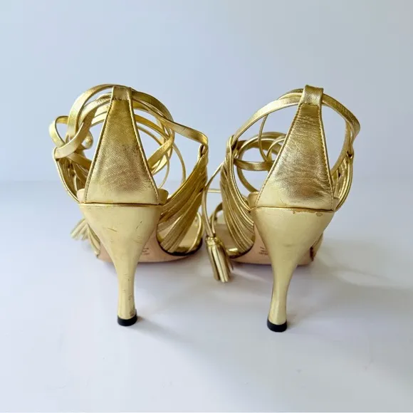 Vintage Hollywould Y2K Gold Leather Wrap High Heel Sandals 7.5 Made in Italy