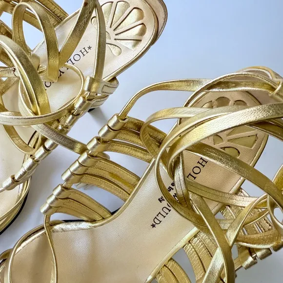 Vintage Hollywould Y2K Gold Leather Wrap High Heel Sandals 7.5 Made in Italy