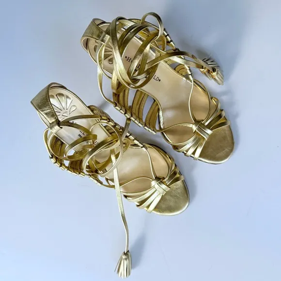 Vintage Hollywould Y2K Gold Leather Wrap High Heel Sandals 7.5 Made in Italy
