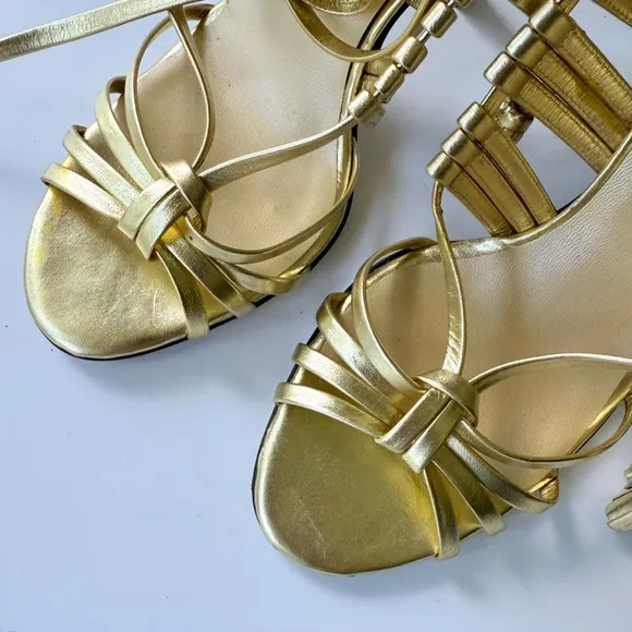 Vintage Hollywould Y2K Gold Leather Wrap High Heel Sandals 7.5 Made in Italy