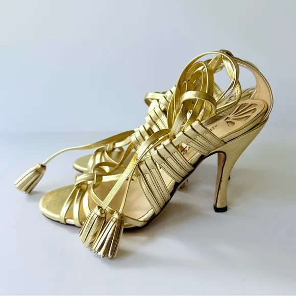 Vintage Hollywould Y2K Gold Leather Wrap High Heel Sandals 7.5 Made in Italy