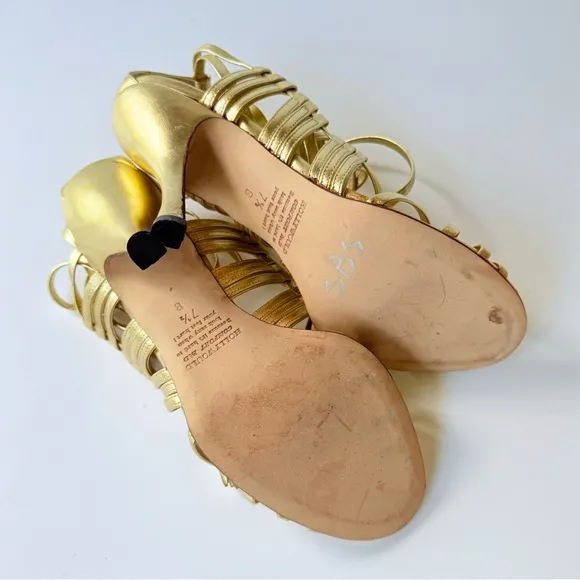 Vintage Hollywould Y2K Gold Leather Wrap High Heel Sandals 7.5 Made in Italy