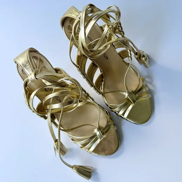 Vintage Hollywould Y2K Gold Leather Wrap High Heel Sandals 7.5 Made in Italy