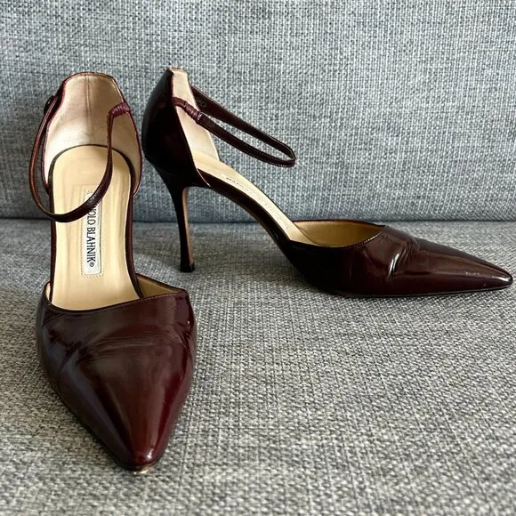 VINTAGE Manolo Blahnik Burgundy Patent Leather Point Toe Ankle Strap Heels US 9