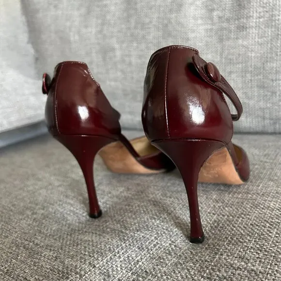 VINTAGE Manolo Blahnik Burgundy Patent Leather Point Toe Ankle Strap Heels US 9