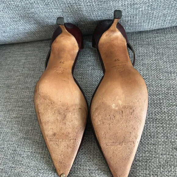 VINTAGE Manolo Blahnik Burgundy Patent Leather Point Toe Ankle Strap Heels US 9
