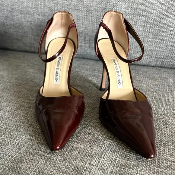 VINTAGE Manolo Blahnik Burgundy Patent Leather Point Toe Ankle Strap Heels US 9