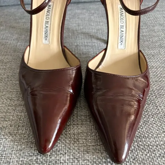 VINTAGE Manolo Blahnik Burgundy Patent Leather Point Toe Ankle Strap Heels US 9