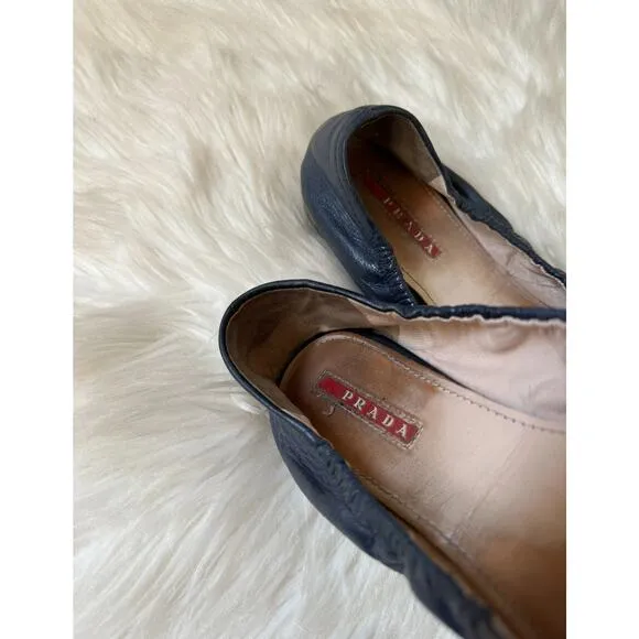 Vintage Prada Blue Bow Leather Ballet Flats Shoes