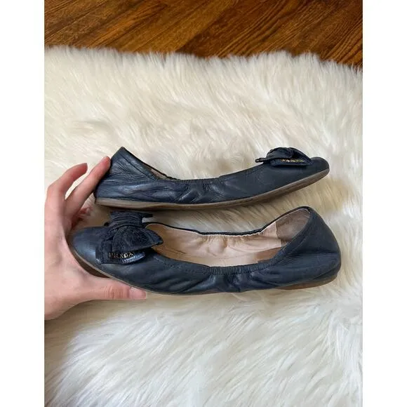 Vintage Prada Blue Bow Leather Ballet Flats Shoes