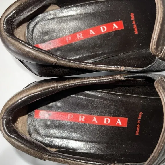 VINTAGE PRADA CALZATURE DONNA NAPPA SPORTS HEEL SHOES BROWN LEATHER Sz 38 US 7.5