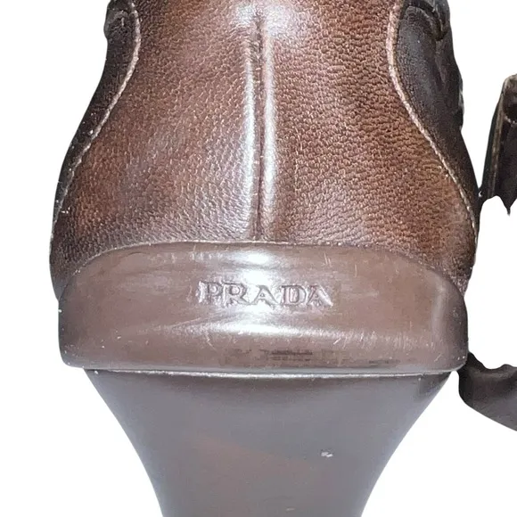 VINTAGE PRADA CALZATURE DONNA NAPPA SPORTS HEEL SHOES BROWN LEATHER Sz 38 US 7.5