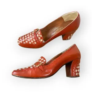 Vintage Rosina Ferragamo Schiavone Leather Heeled Loafer Pumps,  Size 7 1/2, Red