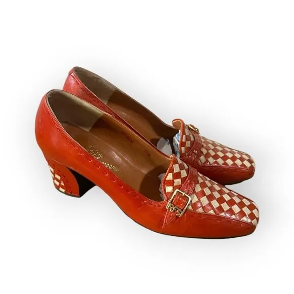 Vintage Rosina Ferragamo Schiavone Leather Heeled Loafer Pumps,  Size 7 1/2, Red