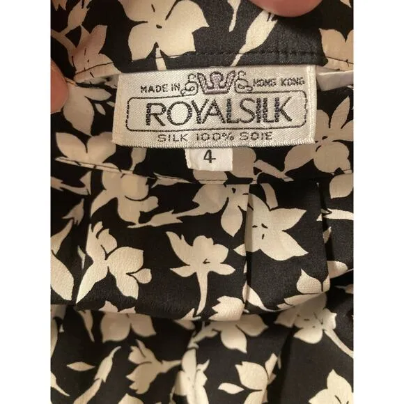 VINTAGE Royal Silk Japan Black &amp; White Floral Print Skirt ~ Sx 4 ~ Like YSL Rive