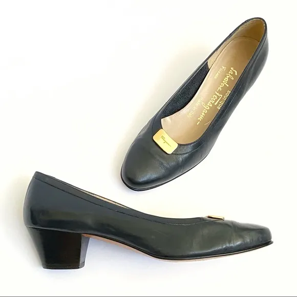 Vintage Salvatore Ferragamo blue black leather gold metal logo chunky heel pumps