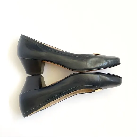 Vintage Salvatore Ferragamo blue black leather gold metal logo chunky heel pumps