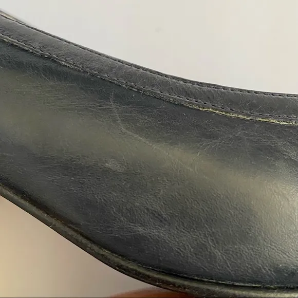 Vintage Salvatore Ferragamo blue black leather gold metal logo chunky heel pumps