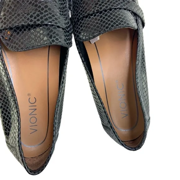 Vionic Black Lizard Zana Penny Loafer Flats Pointed Toe Leather Shoes