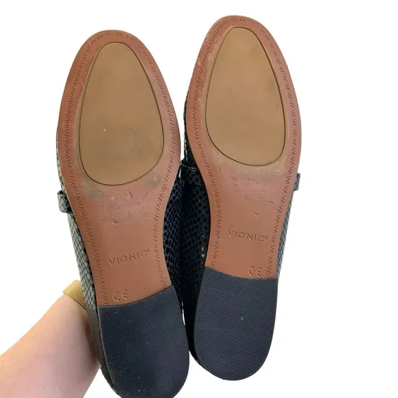 Vionic Black Lizard Zana Penny Loafer Flats Pointed Toe Leather Shoes