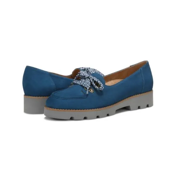 Vionic Teagan Blue Nubuck Lace-up Casual Slip-on Platform Loafer Shoes, Size 8