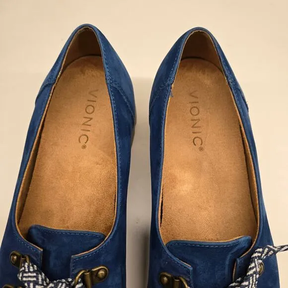 Vionic Teagan Blue Nubuck Lace-up Casual Slip-on Platform Loafer Shoes, Size 8