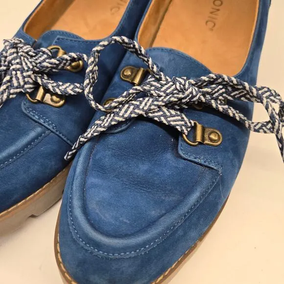 Vionic Teagan Blue Nubuck Lace-up Casual Slip-on Platform Loafer Shoes, Size 8