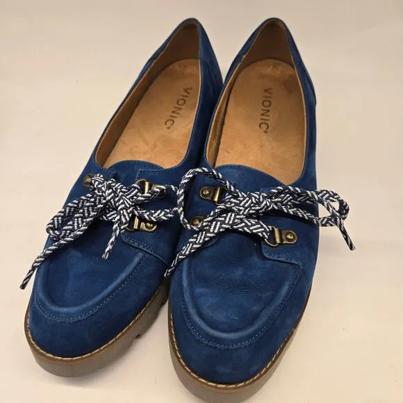 Vionic Teagan Blue Nubuck Lace-up Casual Slip-on Platform Loafer Shoes, Size 8