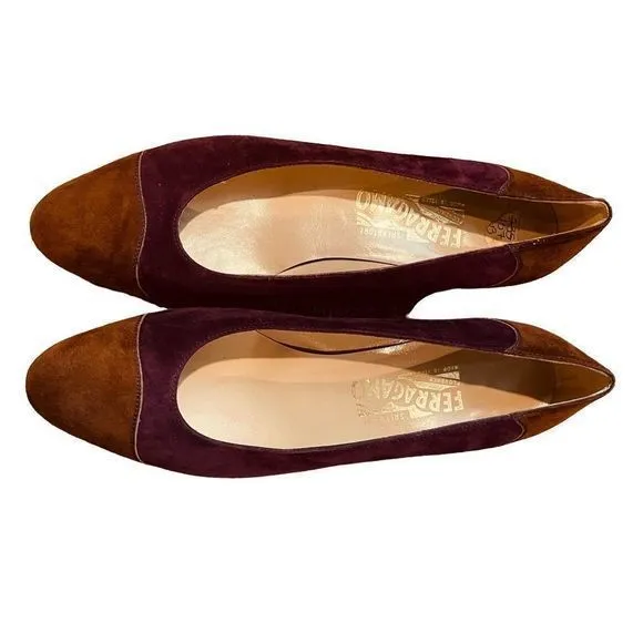 VNTG Salvatore Ferragamo Purple &amp; Brown Suede Low‎ Heeled Pumps — SZ 10  EUC!