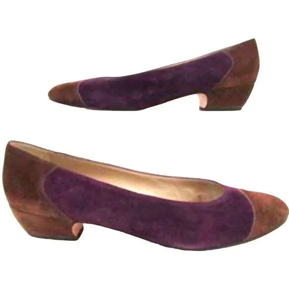 VNTG Salvatore Ferragamo Purple &amp; Brown Suede Low‎ Heeled Pumps — SZ 10  EUC!