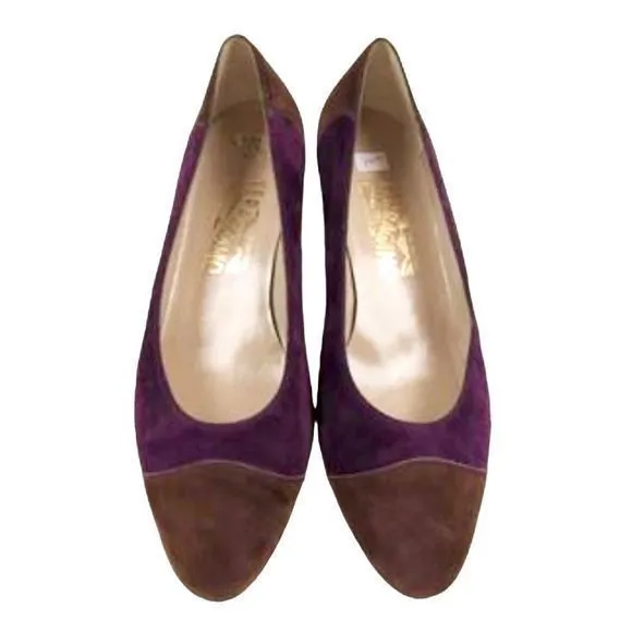 VNTG Salvatore Ferragamo Purple &amp; Brown Suede Low‎ Heeled Pumps — SZ 10  EUC!
