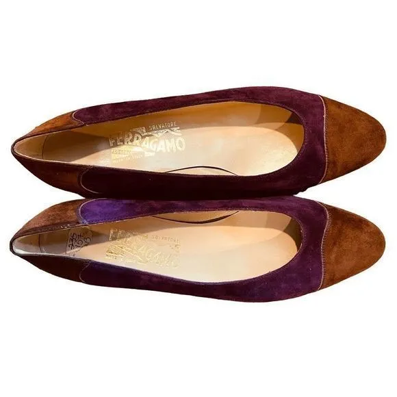 VNTG Salvatore Ferragamo Purple &amp; Brown Suede Low‎ Heeled Pumps — SZ 10  EUC!