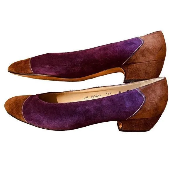 VNTG Salvatore Ferragamo Purple &amp; Brown Suede Low‎ Heeled Pumps — SZ 10  EUC!