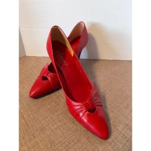 VTG  Milano's Red Leather Heels Pointed Toe Bow Detail Pumps Shoes 10N Italy