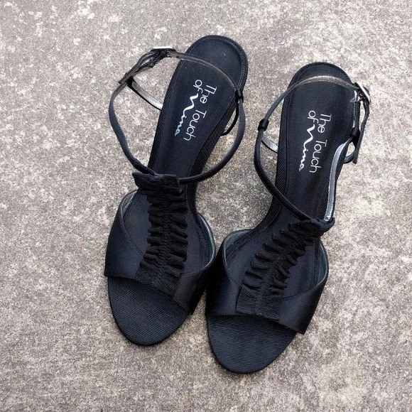 Vtg Nina Black Tie Satin T-Strap Peep Toe Sandal 9