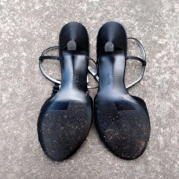 Vtg Nina Black Tie Satin T-Strap Peep Toe Sandal 9
