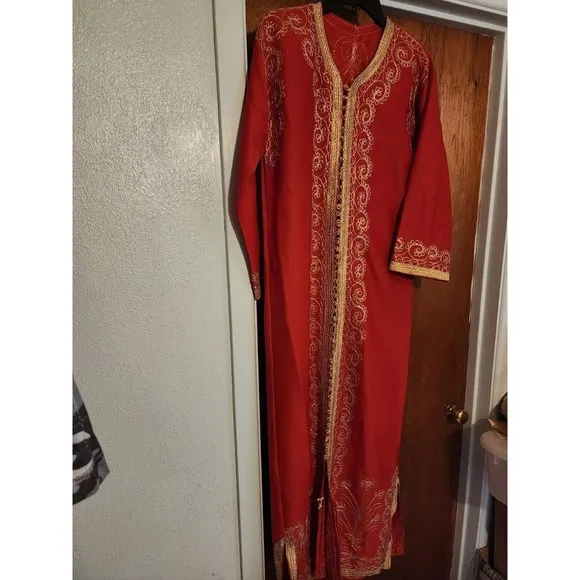 VTG Red Gold Embroidered Kaftan Bell sleeve ORNATE Church Dress Muumuu 60S 70s