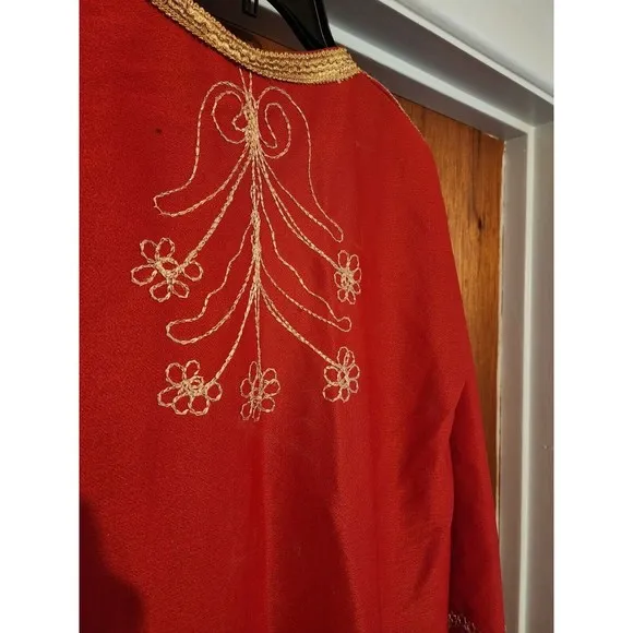 VTG Red Gold Embroidered Kaftan Bell sleeve ORNATE Church Dress Muumuu 60S 70s