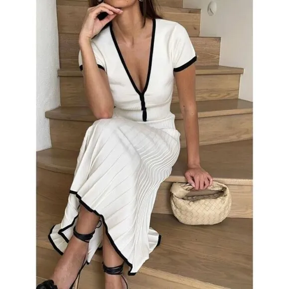 White Pleated Two-Piece Set with Black Trim - Crop Top &amp; Midi Skirt