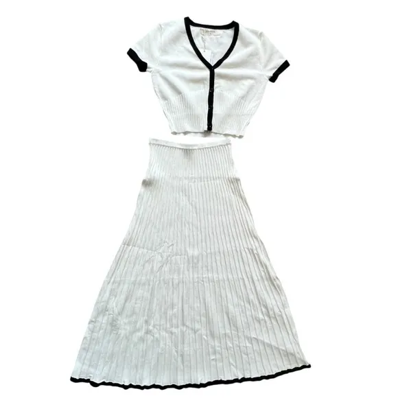 White Pleated Two-Piece Set with Black Trim - Crop Top &amp; Midi Skirt