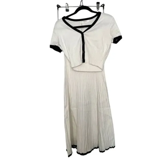 White Pleated Two-Piece Set with Black Trim - Crop Top &amp; Midi Skirt