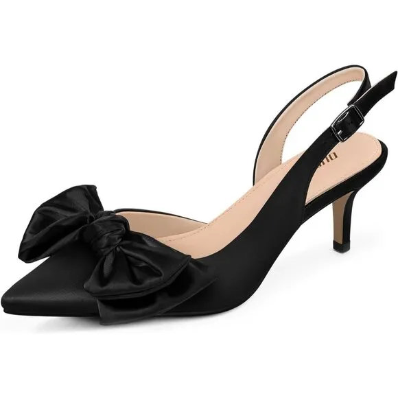 Women Black Slingback Kitten Heels Pointed Closed Toe Low Heel with Buckle