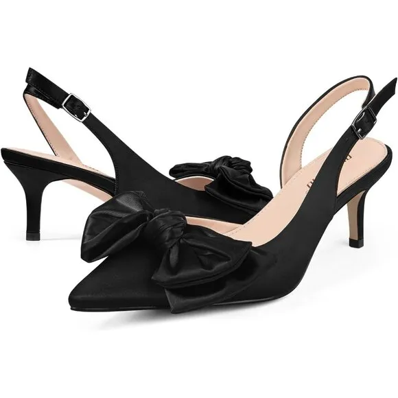 Women Black Slingback Kitten Heels Pointed Closed Toe Low Heel with Buckle