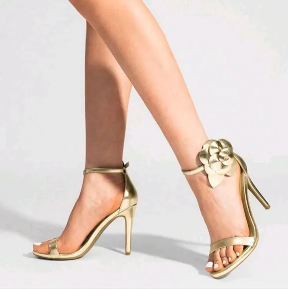 Women Floral Decor High Heeled Sandals, Elegant Ankle Strap Round Open Toe Stile