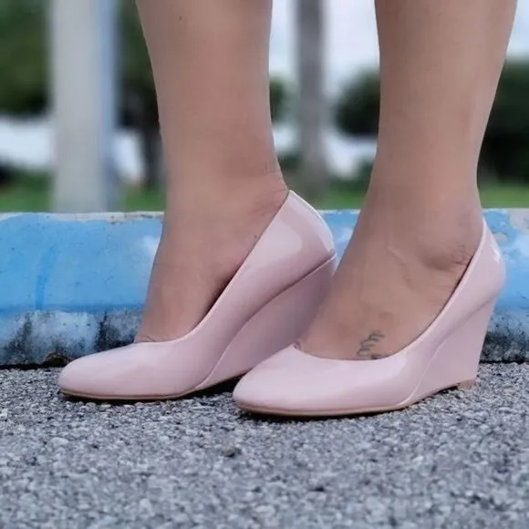 Women Nude Pumps Wedge Heel Shoes Round Toe