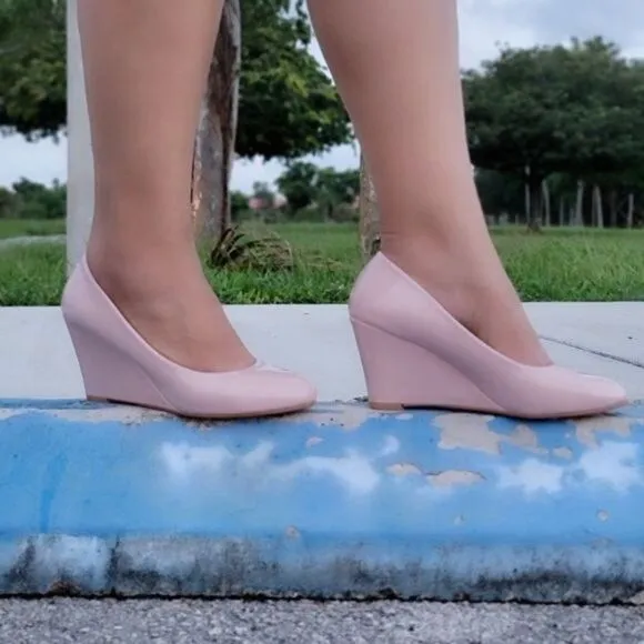 Women Nude Pumps Wedge Heel Shoes Round Toe