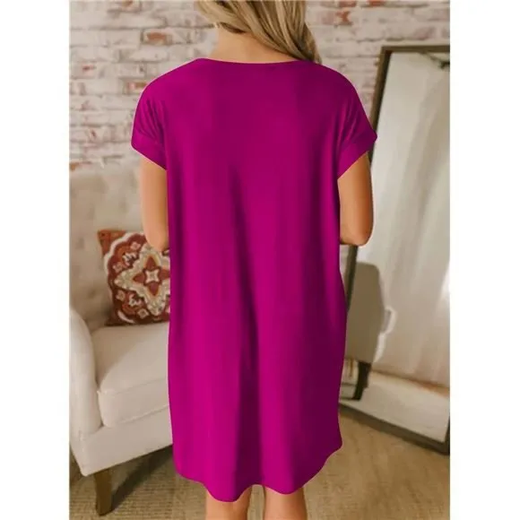 Women V-Neck Short Sleeve Summer Dresses Dark Purple Red