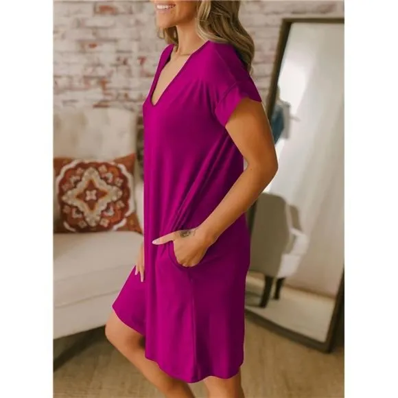 Women V-Neck Short Sleeve Summer Dresses Dark Purple Red